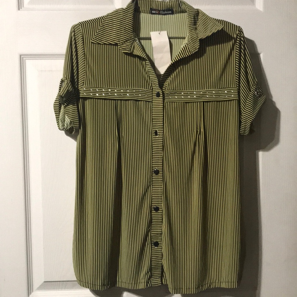 New Fashion Yellow/Black Short Sleeve Button Down Top Size XL